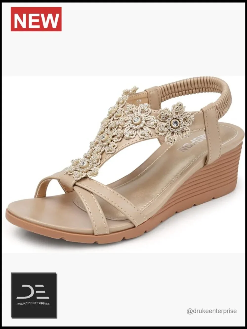 Low Wedge Heels Platform Sandals Elastic Ankle Strap Open Toe Rhinestone Floral